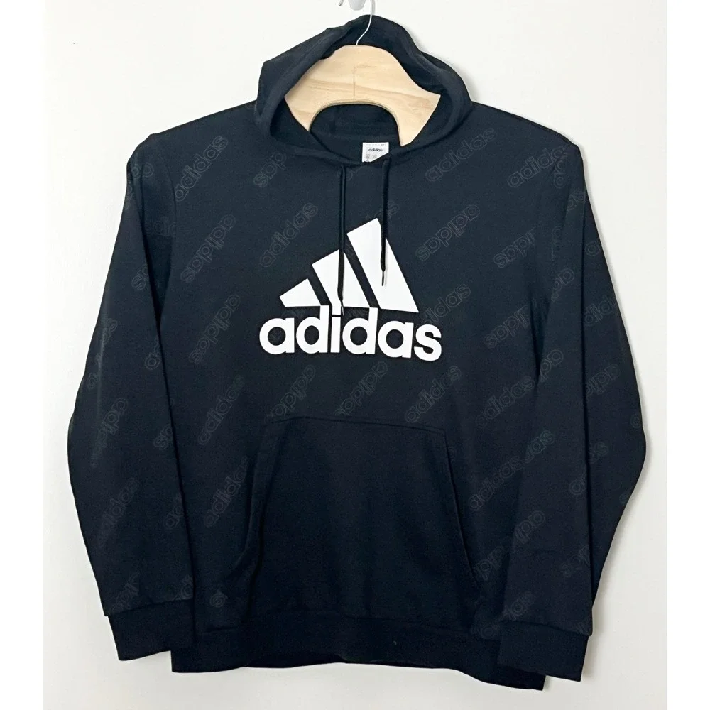 Adidas Hoodie Mens 2XL Black All Over Print Logo Pullover Sweatshirt Sportswear